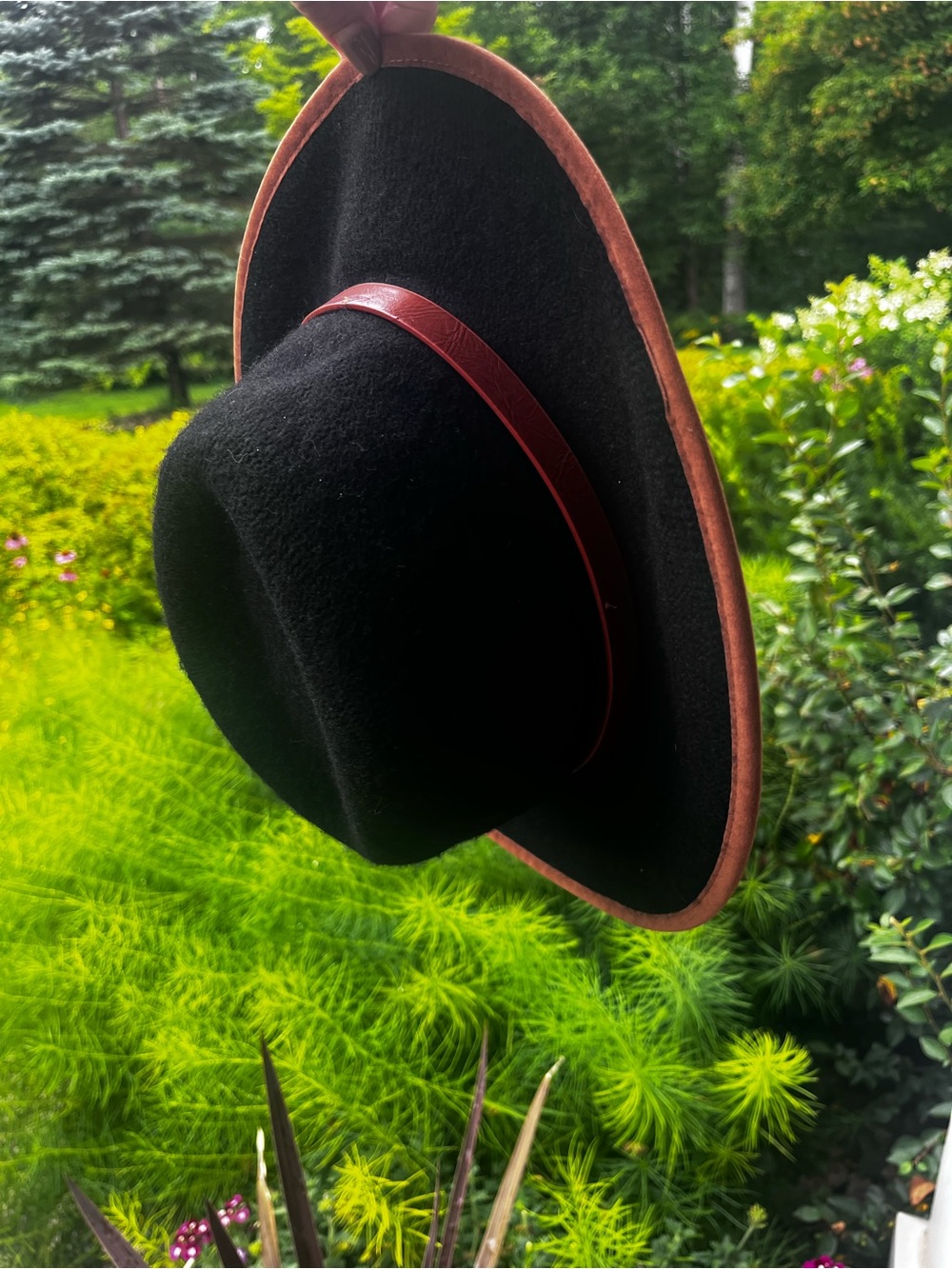 Anthropologie New Black Wool Felt Wide-Brim Hat with Brown Leather Band NWOT - Picture 3 of 16